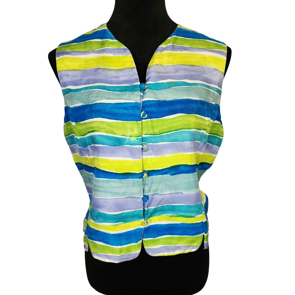 Vtg SPENSER JEREMY Size Medium Petite 100% Silk Sleeveless Blouse Vest Colorful
